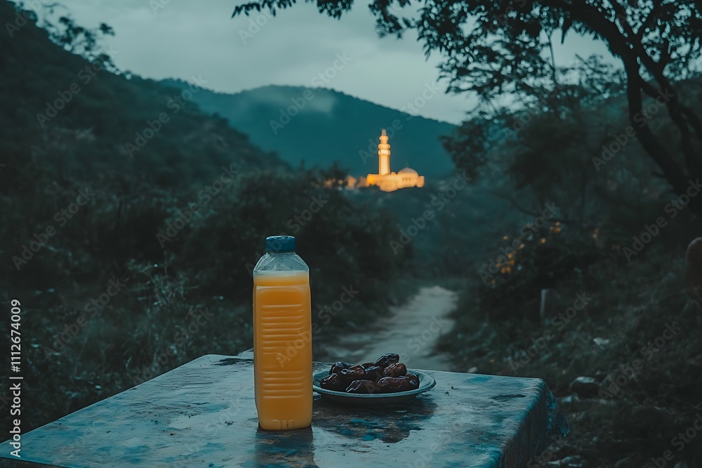 Aufkleber a carton of juice and a plate of dates resting on a rustic table, with a grand mosque in the distanc