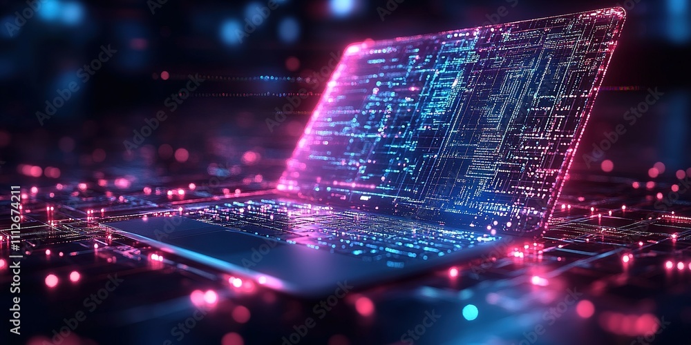 Poster illuminated laptop with digital circuits and glowing particles in a futuristic setting at night
