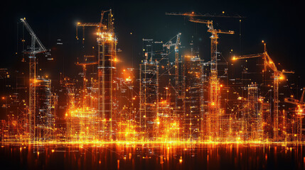 Skyscraper construction phases visualized with glowing elements, showcasing urban development