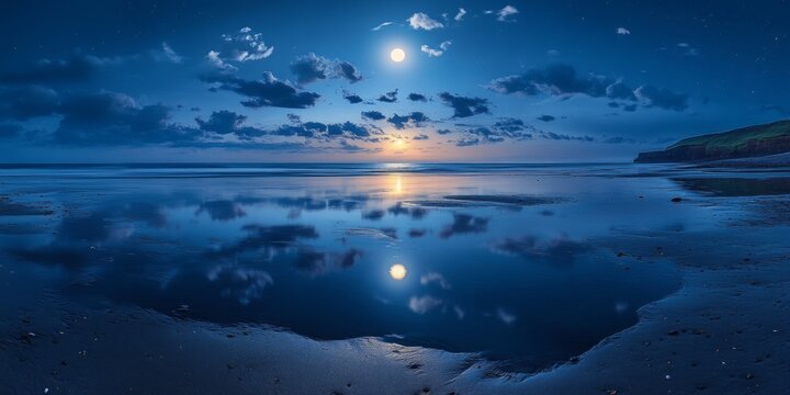 Moonlit Serenity, a tranquil beach scene where the ocean mirrors the night sky, creating a peaceful and reflective atmosphere.