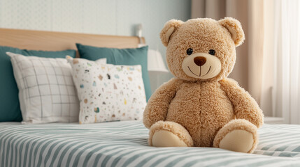Cozy bedroom with a cute teddy bear sitting on a neatly made bed, creating a warm and inviting atmosphere.