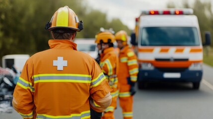 Obraz premium Emergency team in action, attending to an accident. Ambulance on standby