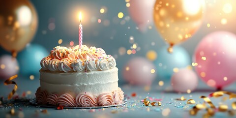 Colorful birthday cake with candles surrounded by festive decorations and balloons