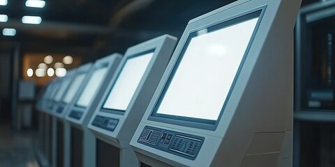 Fototapeta premium Modern interactive kiosks line an indoor space waiting for use during a bustling event