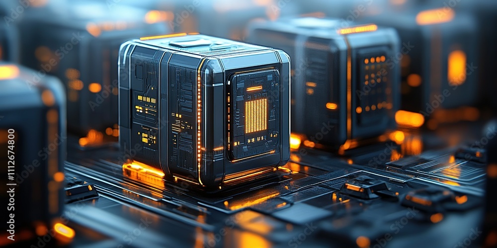 Poster futuristic computer processors illuminating a high-tech circuit board in a modern data center enviro
