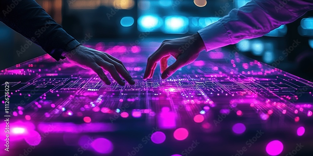 Aufkleber collaboration between two individuals interacting with a futuristic digital interface in a modern wo