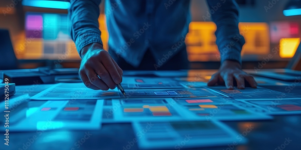 Poster creative design process in a dimly lit workspace with vibrant colors and focused attention on projec