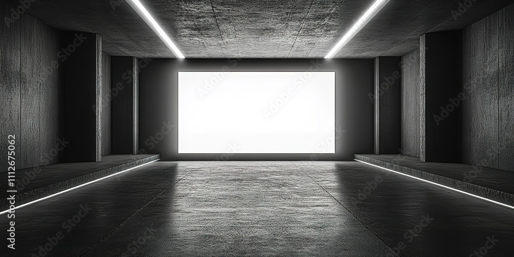 Poster modern minimalist interior with empty screen for presentations or displays in an urban setting