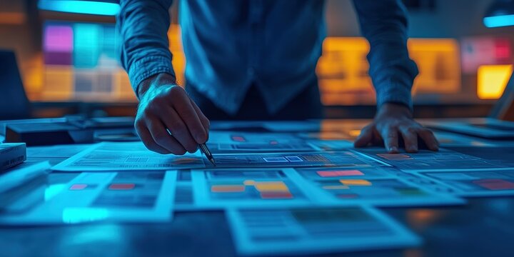 Creative design process in a dimly lit workspace with vibrant colors and focused attention on project details