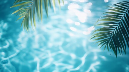 Blurred palm leaf shadow on the water surface in a swimming pool, banner with copy space area Blurred blue and white background Summer concept


