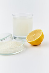Rice-Zempic for lossing weight. Rice, glass of water and lemon
