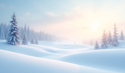 Obraz premium winter landscape, snowdrifts with snow-covered fir trees in the background