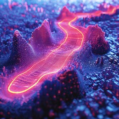 A vibrant, abstract landscape featuring a glowing river winding through mountainous terrain, highlighted with neon colors and a digital aesthetic.