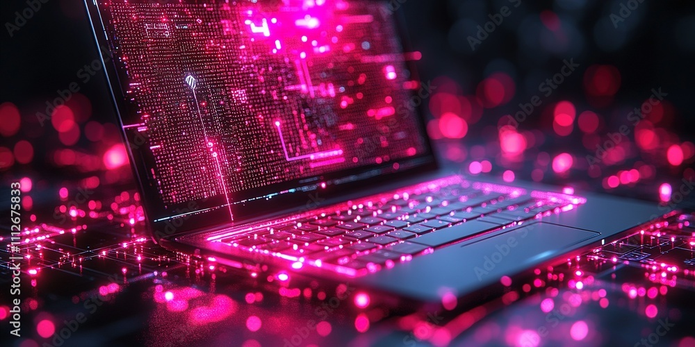 Poster computer with glowing pink digital patterns creating a high-tech atmosphere in a dark environment