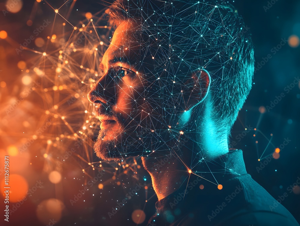 Aufkleber Profile of a Thoughtful Young Man with Abstract Digital Connections and Network Graphic Representation Symbolizing Technology and Innovation in a Futuristic Environment
