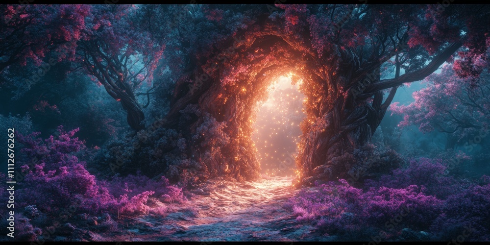 Poster enchanted gateway of twisting vines, a magical entrance illuminated by ethereal light, inviting expl