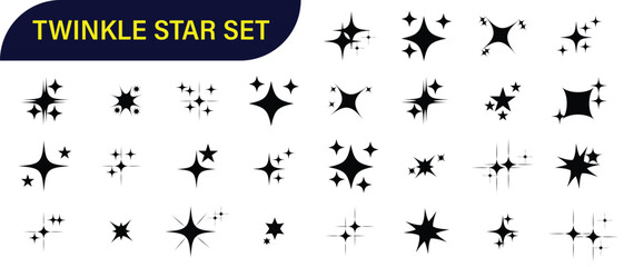 Twinkling stars icon vector set. Shiny sparks icon. Minimalist twinkle star shape symbols. Modern geometric elements, shining star icon set. Twinkling spark and burst icons set.