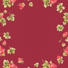 Burgundy backdrop with watercolor strawberries and leaves seamless pattern, artistic, natural, whimsical, organic