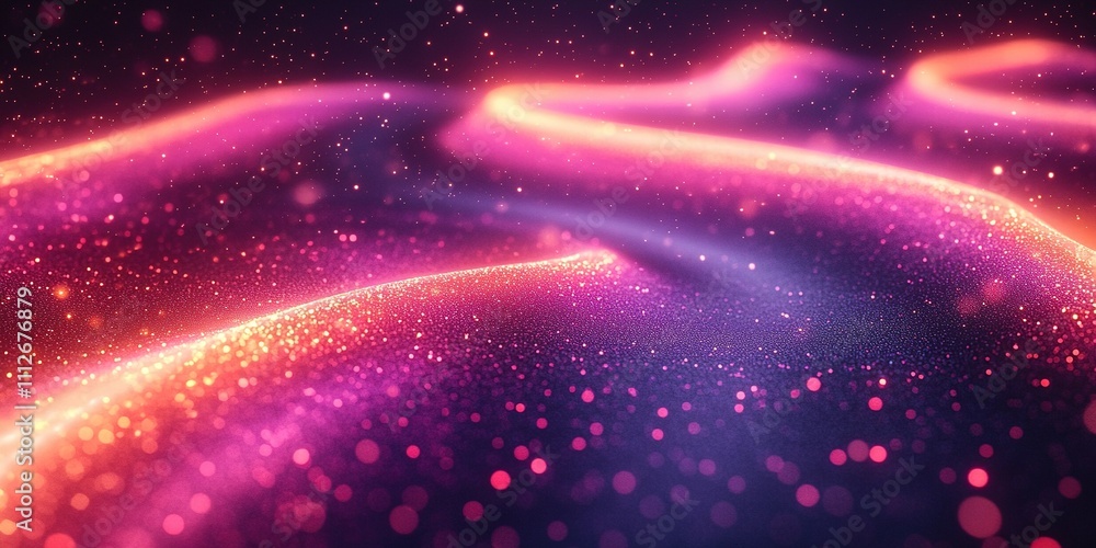 Poster colorful abstract wave patterns illuminated by glowing particles in a dark space environment