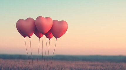 Fototapeta premium Heart-shaped balloons float against a pastel sky, creating a romantic and dreamy atmosphere in a serene landscape.
