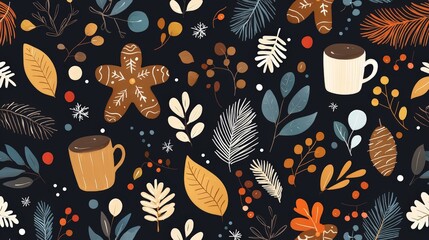 Cozy winter seamless pattern with coffee mugs, gingerbread cookies, leaves, berries, and snowflakes on dark background.