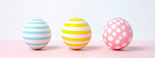 Fototapeta premium Colorful Easter eggs with striped and polka dot patterns isolated on a solid background. Banner, greeting card, wallpaper, background