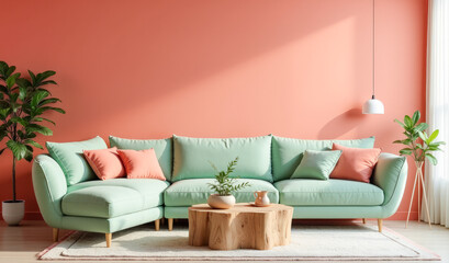 light red and light green sofa and wooden coffee table, stylish living room