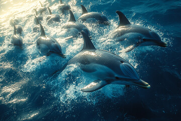 Fototapeta premium A pod of dolphins swimming gracefully in the ocean