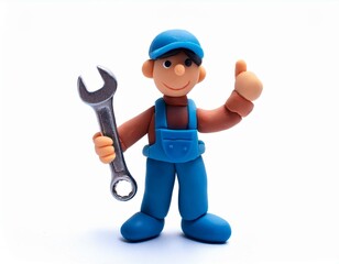 Clay figure dressed as a mechanic holding a wrench on a white background. Fun, creative, mechanic, repair, tool, figurine. generative AI