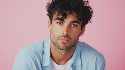 Fototapeta premium Stylish portrait of a man with black hair and subtle stubble, dressed in a blue shirt and white t-shirt, photographed against a vibrant pink background
