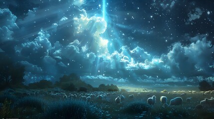 Obraz premium A serene meadow under a starry night sky, a glowing angel descending gently, beams of radiant light illuminating a flock of sheep grazing peacefully,