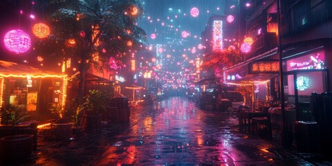 Fototapeta premium Cyberpunk Night Market, vibrant neon lights illuminate bustling stalls, glowing rain adds a surreal atmosphere, cityscape teems with energy