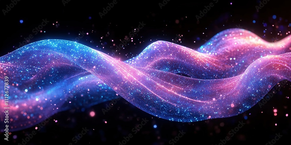 Poster vibrant waves of colorful light flow through a dark space, creating a cosmic effect with shimmering 