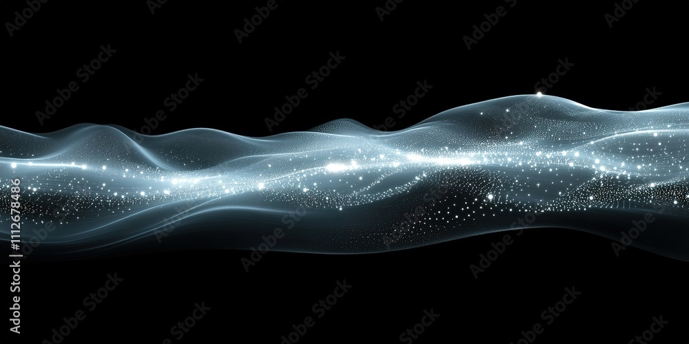 Poster abstract wave pattern creates a sense of movement in a dark background adorned with light particles