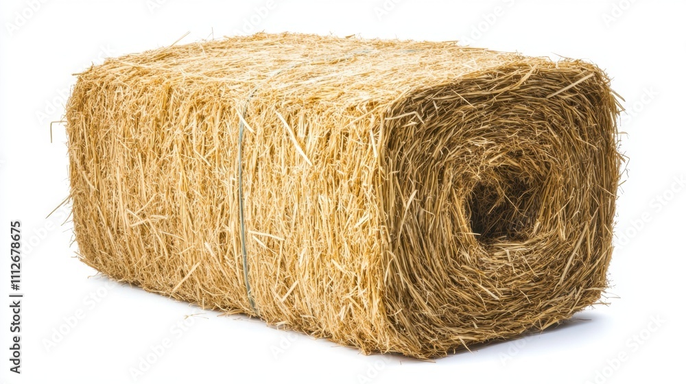 Poster a single square straw bale with visible compression patterns, resting on a white background, perfect