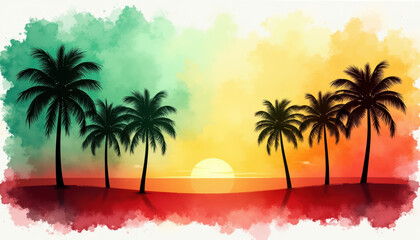 Captivating silhouette of palm trees on a colorful yellow, green, and red background that echoes the Cameroon flag, symbolizing cultural pride and independence.