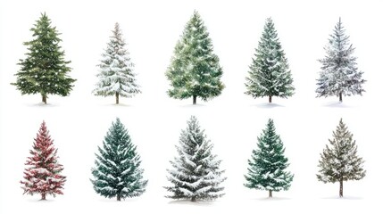 Fototapeta premium Collection of christmas Trees with Snow on white background