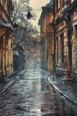 Fototapeta premium rain in the city rainy weather wet city streets Generative AI