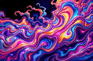 Fototapeta premium illustration of vibrant swirling shapes and wavy lines of liquid colorful paint in motion with glowing multicolor effect on dark backdrop. dynamic abstract artistic background, poster