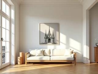 Bright and Airy Living Room with Cozy Beige Sofa, Elegant Art, and Natural Light Accents