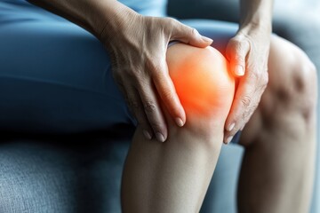 Asian woman experiencing knee pain while sitting on a couch.