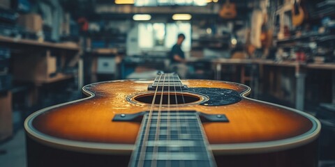 Naklejka premium Acoustic Guitar Workshop Perspective, close-up view of guitar bridge and neck, person’s face blurred, intimate atmosphere of repair shop