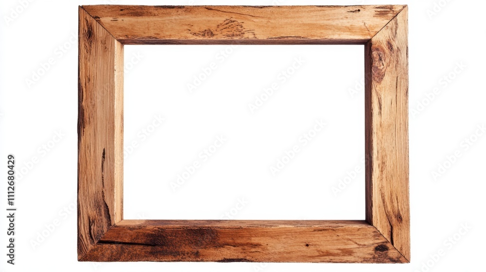 Poster a square pine frame with a slightly weathered finish, isolated on a transparent background for timel