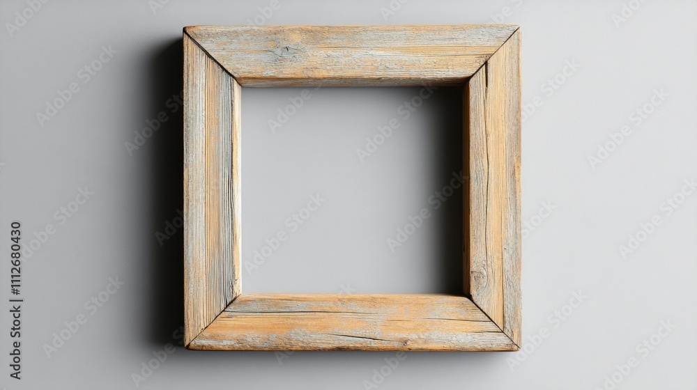 Poster a square pine frame with a slightly weathered finish, isolated on a transparent background for timel