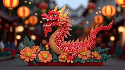 Fototapeta premium Festive Chinese Dragon Statue with Flowers Lanterns Asian Culture