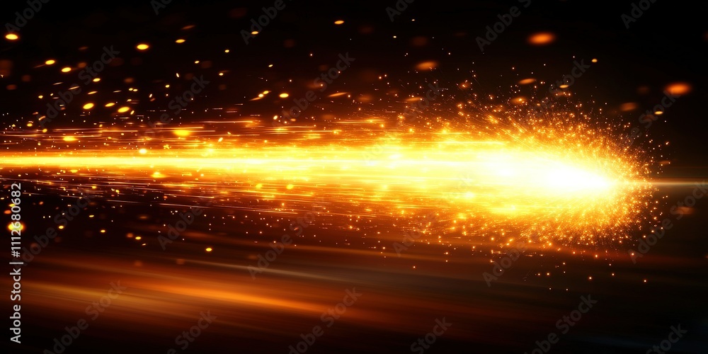 Poster bright comet tail with sparkling particles moving through a dark cosmic background at high speed