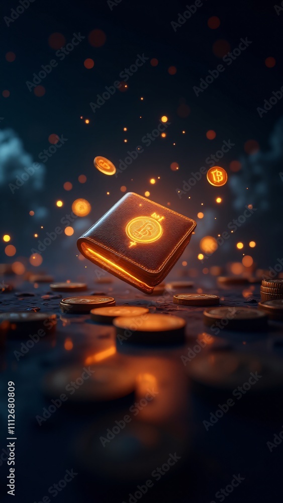 Poster a glowing digital cryptocurrency wallet with revolving coins and flowing data, representing the secu