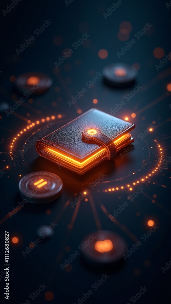 Poster a glowing digital cryptocurrency wallet with revolving coins and flowing data, representing the secu