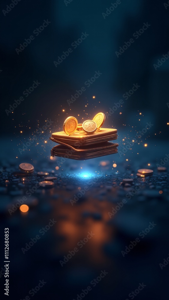 Poster a glowing digital cryptocurrency wallet with revolving coins and flowing data, representing the secu