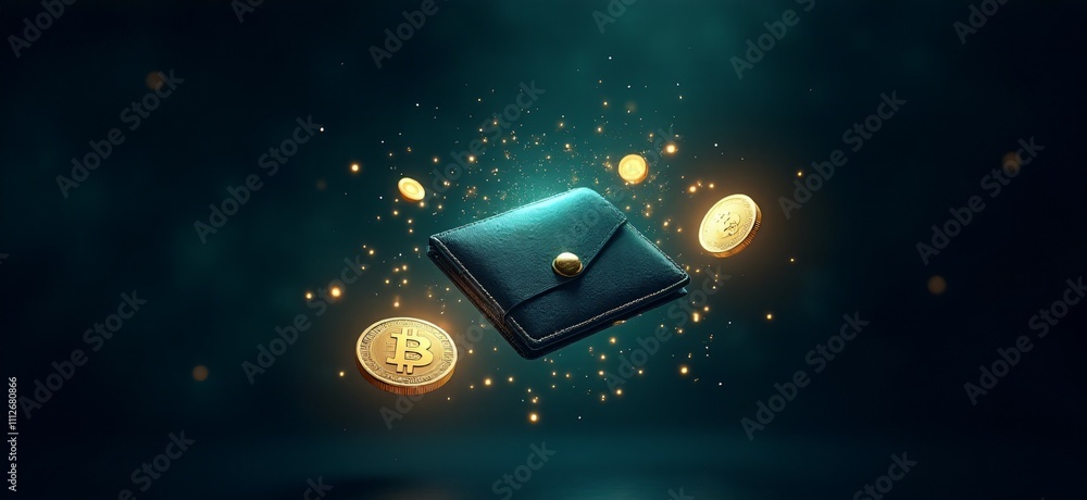 Poster a glowing digital cryptocurrency wallet with revolving coins and flowing data, representing the secu